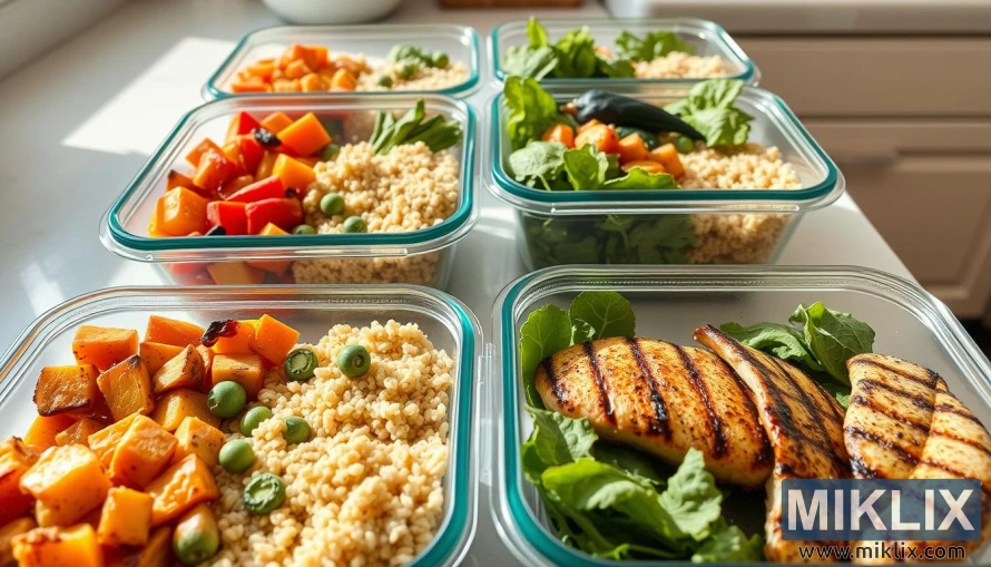 A neatly arranged set of glass meal prep containers, each filled with colorful, healthy ingredients. The containers include a variety of dishes featuring roasted vegetables like sweet potatoes and bell peppers, cooked grains such as couscous or quinoa, and fresh greens like spinach or arugula. Several containers also feature grilled, seasoned chicken breasts with charred grill marks. Bright green peas are scattered among the grains for added color. The containers are placed on a white kitchen counter, with natural sunlight streaming in, highlighting the vibrant colors and fresh textures of the meals.