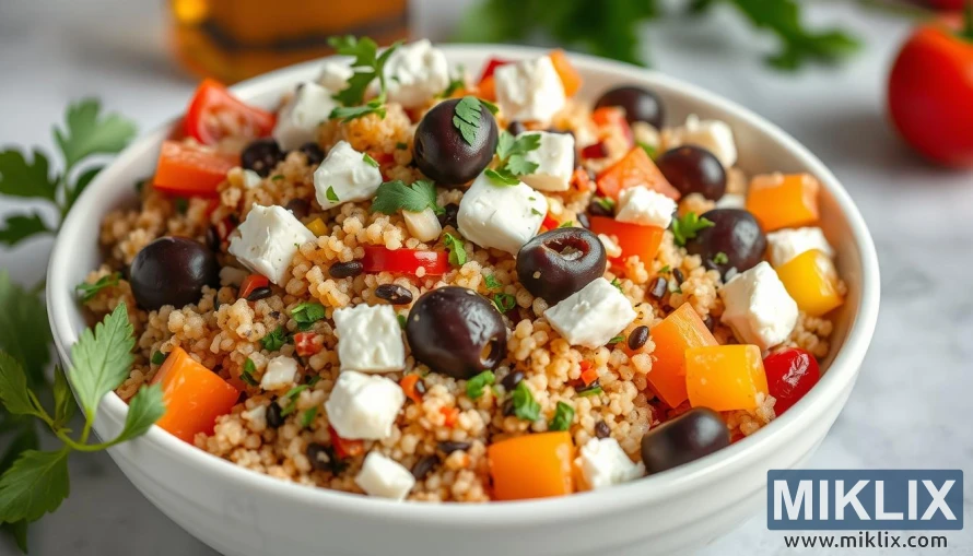A vibrant, Mediterranean-style couscous salad served in a white bowl. The salad features fluffy couscous mixed with colorful diced bell peppers in shades of yellow, orange, and red, along with black olives and cubes of creamy white feta cheese. Fresh parsley leaves are scattered throughout, adding a pop of green and a touch of freshness. The dish is beautifully arranged, highlighting its bright, appetizing ingredients, with a few additional herbs and a tomato placed in the softly blurred background, enhancing the fresh, wholesome presentation.