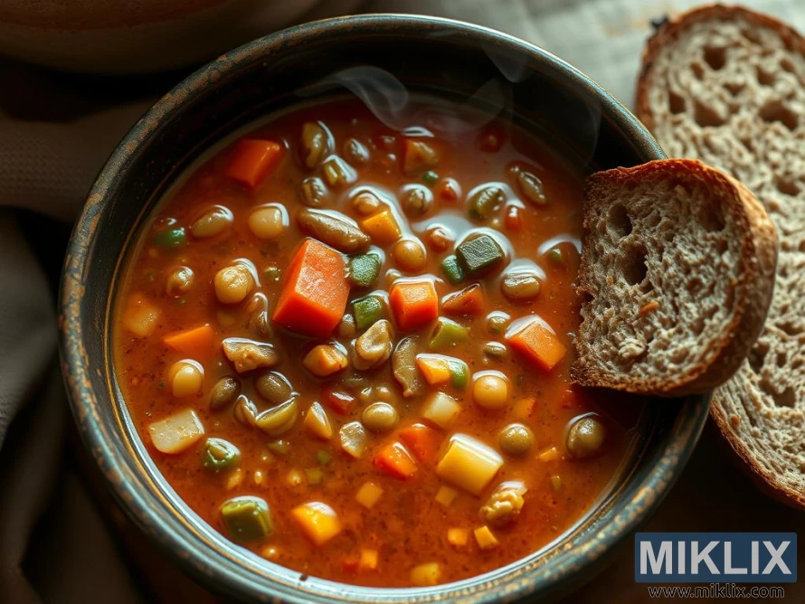 A hearty, steaming bowl of vegetable and legume soup. The rich, reddish broth is filled with an assortment of diced vegetables, including carrots, zucchini, potatoes, and green beans, along with plump lentils and chickpeas. The ingredients are finely chopped, creating a colorful and inviting mixture that suggests warmth and comfort. Beside the bowl, there are two slices of rustic, crusty bread with a chewy texture, perfect for dipping. The setting has a cozy, rustic feel, with warm lighting enhancing the soup's appetizing, home-cooked appeal.