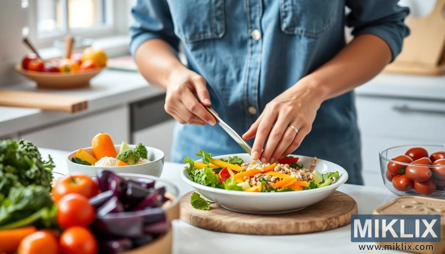 A person preparing a fresh, colorful salad in a bright kitchen. The individual, dressed in a blue denim shirt, is slicing vegetables over a large white bowl filled with leafy greens, sliced yellow bell peppers, cherry tomatoes, grains, and fresh herbs. Surrounding the person are bowls of vibrant produce, including cherry tomatoes, eggplants, carrots, broccoli, and leafy greens, emphasizing the abundance of fresh ingredients. The kitchen is well-lit by natural light, creating a clean and inviting atmosphere that highlights the freshness and variety of the vegetables.