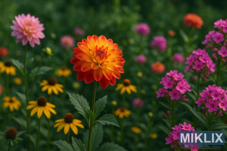 A stunning flower garden in full bloom, ideal for a gardening blog focused on beautiful flowers. At the center, a striking bi-color dahlia stands tall, its petals glowing in a fiery gradient from golden yellow at the base to deep orange-red at the tips. Surrounding it are lush green leaves and clusters of vibrant blooms, including bright pink phlox and cheerful yellow coneflowers, creating a vivid tapestry of colors. The soft, natural sunlight enhances every detail, from the delicate petal textures to the fine veins of the leaves. The background is artistically blurred, allowing the foreground flowers to pop with sharp clarity and adding a dreamy, tranquil ambiance to the scene.