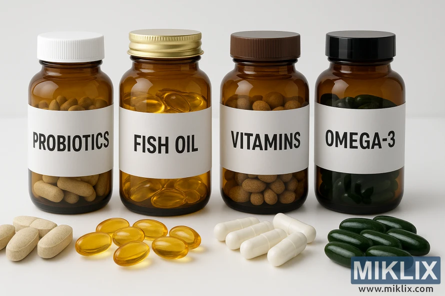 A clean, modern arrangement of dietary supplements on a smooth, white surface, brightly lit with soft, even lighting. Four amber glass bottles are neatly lined up, each labeled boldly with black text: "PROBIOTICS," "FISH OIL," "VITAMINS," and "OMEGA-3." Each bottle has a different colored cap, adding subtle variety—white, gold, brown, and black, respectively. In front of the bottles, various capsules and tablets are carefully placed in small, organized groups. The probiotics are beige, oblong tablets; the fish oil consists of glossy, golden softgels; the vitamins are rounded, brownish tablets; and the omega-3 supplements are smooth, dark green softgels. The overall composition feels minimalist and professional, emphasizing clarity, cleanliness, and product quality.