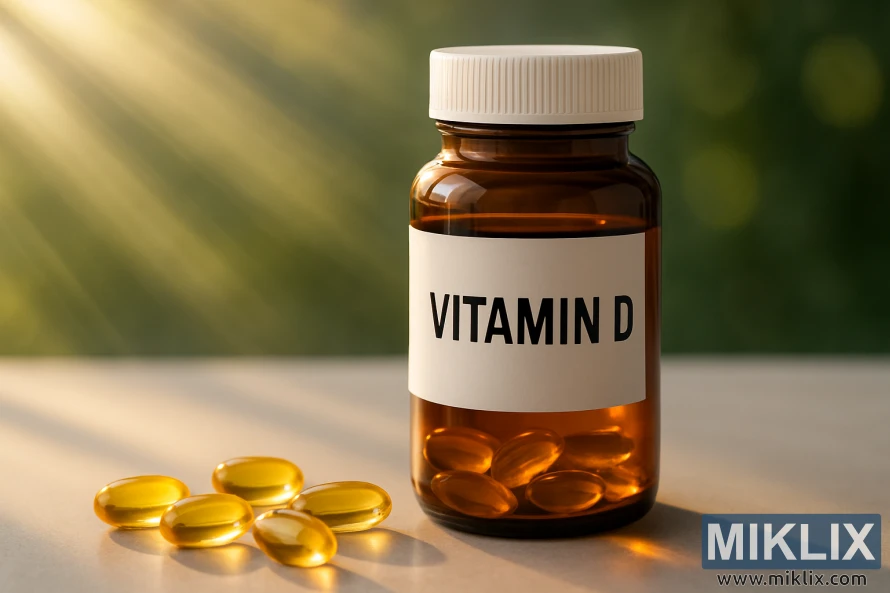 A minimalist yet vibrant scene focused on Vitamin D supplements. A dark amber glass bottle labeled "VITAMIN D" stands prominently on a smooth, light-colored surface. Its white cap adds contrast, while the transparent, golden softgel capsules inside catch the sunlight beautifully. Several capsules are artfully scattered in front of the bottle, their glossy surfaces glowing with warm reflections. In the background, soft, natural sunlight streams in from the upper left, casting radiant beams across the scene and evoking a sense of wellness and vitality. The background features a blurred, green outdoor setting, emphasizing the natural source of Vitamin D and reinforcing a connection between sunlight and health. The overall composition feels clean, modern, and serene.