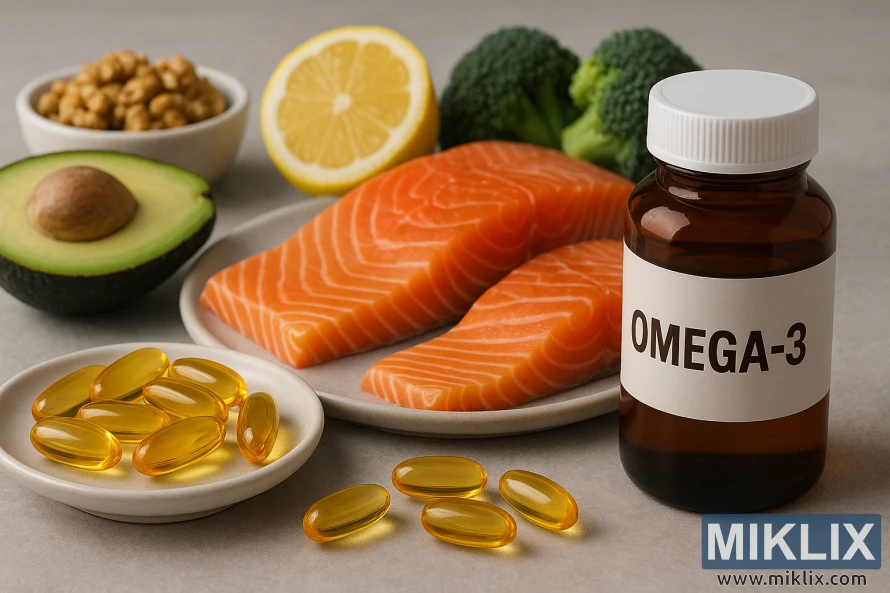 A beautiful presentation of Omega-3 supplements alongside their natural food sources. In the foreground, a small white dish holds shiny, translucent golden fish oil capsules, their glossy surfaces reflecting light. Scattered around the dish are a few additional capsules, enhancing the sense of abundance. To the right, a dark amber bottle labeled "OMEGA-3" stands prominently. Behind these, vibrant and fresh natural sources of Omega-3 are displayed: rich orange salmon fillets on a white plate, a halved avocado showing its creamy texture and pit, fresh broccoli, a bright lemon half, and a bowl of walnuts. The textured gray surface and soft, natural lighting highlight the freshness and healthful appeal of the scene, creating a clean, nutritious, and inviting composition that emphasizes the benefits of Omega-3.