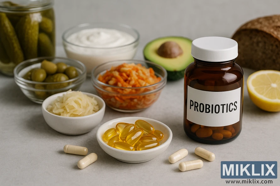 An inviting display of probiotic supplements and fermented foods, emphasizing gut health benefits. At the forefront, an amber glass bottle labeled “PROBIOTICS” sits on a soft gray surface, accompanied by neatly scattered white probiotic capsules and a dish filled with glossy golden softgels. Surrounding the bottle are vibrant, fresh fermented foods in glass and ceramic bowls: sauerkraut, shredded kimchi, yogurt, and green olives, alongside jars of pickles, a halved avocado, lemon, and rustic bread. The composition is clean and harmonious, with soft lighting enhancing the rich textures and natural colors of the foods. The scene evokes a wholesome, balanced approach to digestive health through both supplements and nutrient-rich whole foods.