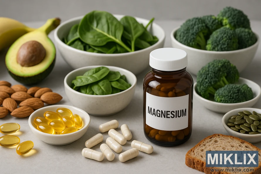 This hyper-realistic image features magnesium supplements alongside magnesium-rich foods. A dark amber bottle labeled "MAGNESIUM" stands prominently, surrounded by white capsules and golden softgels. Around it, nutrient-dense foods are arranged on a light gray surface, including spinach, broccoli, almonds, avocado, banana, pumpkin seeds, quinoa, and whole-grain bread. The soft lighting highlights the fresh, vibrant colors and textures, emphasizing a wholesome, balanced source of magnesium.