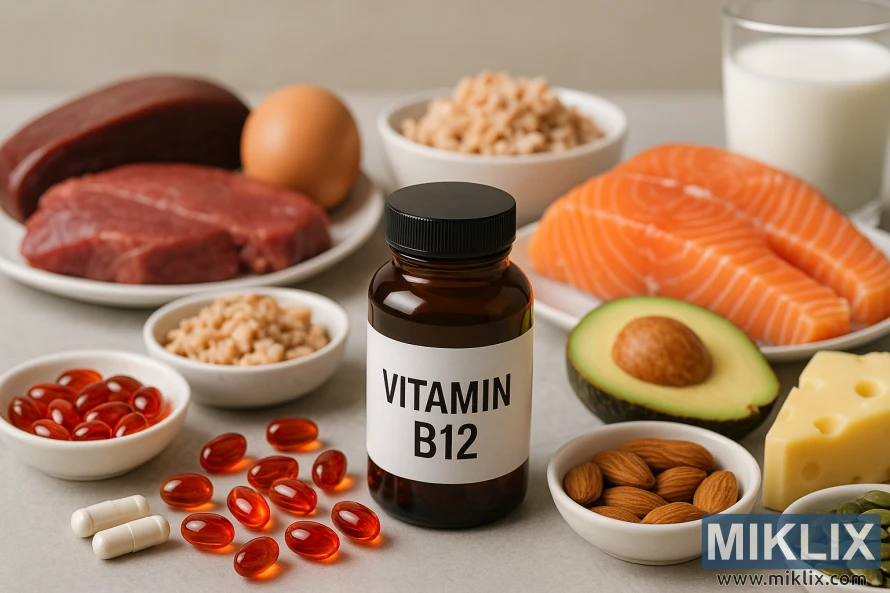 Vitamin B12 supplements alongside nutrient-rich food sources. A dark amber bottle labeled "VITAMIN B12" stands at the center, surrounded by vibrant red softgel capsules and white pills. Around the supplements, a variety of B12-rich foods are artfully arranged on a light gray surface: fresh salmon fillets, raw meat cuts, an egg, cheese, almonds, pumpkin seeds, avocado, whole grains, and a glass of milk. The soft, natural lighting accentuates the rich textures and colors, emphasizing energy-boosting nutrition.