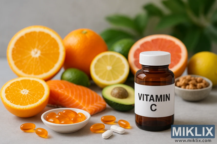 Vitamin C supplements alongside colorful citrus fruits on a soft gray surface. A dark amber bottle labeled “VITAMIN C” is surrounded by glossy orange softgels and white tablets. Vibrant citrus fruits such as oranges, lemons, limes, and grapefruit are prominently displayed, some cut open to reveal their juicy interiors. Other foods like salmon, avocado, and nuts also appear in the scene. The soft natural lighting highlights the freshness and bright colors, emphasizing Vitamin C’s role in immunity and wellness.