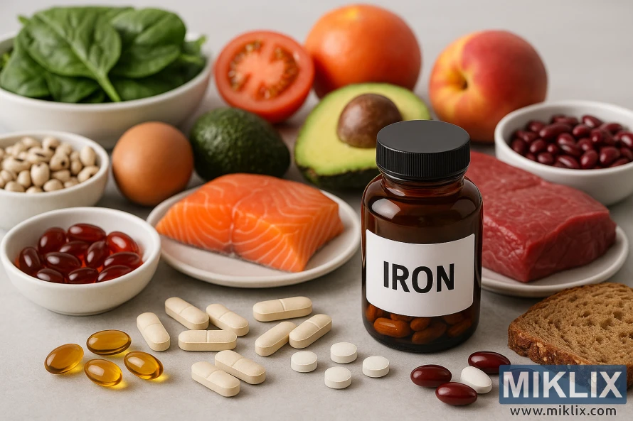 Iron supplements and iron-rich foods arranged on a soft gray surface. A dark amber bottle labeled “IRON” is at the center, surrounded by assorted pills and softgel capsules. Around it, a variety of vibrant, nutrient-dense foods are displayed, including fresh spinach, salmon, red meat, eggs, legumes, avocado, tomato, whole grains, and fruits like peaches and oranges. Soft, natural lighting enhances the rich textures and fresh colors, emphasizing iron’s role in supporting blood health.