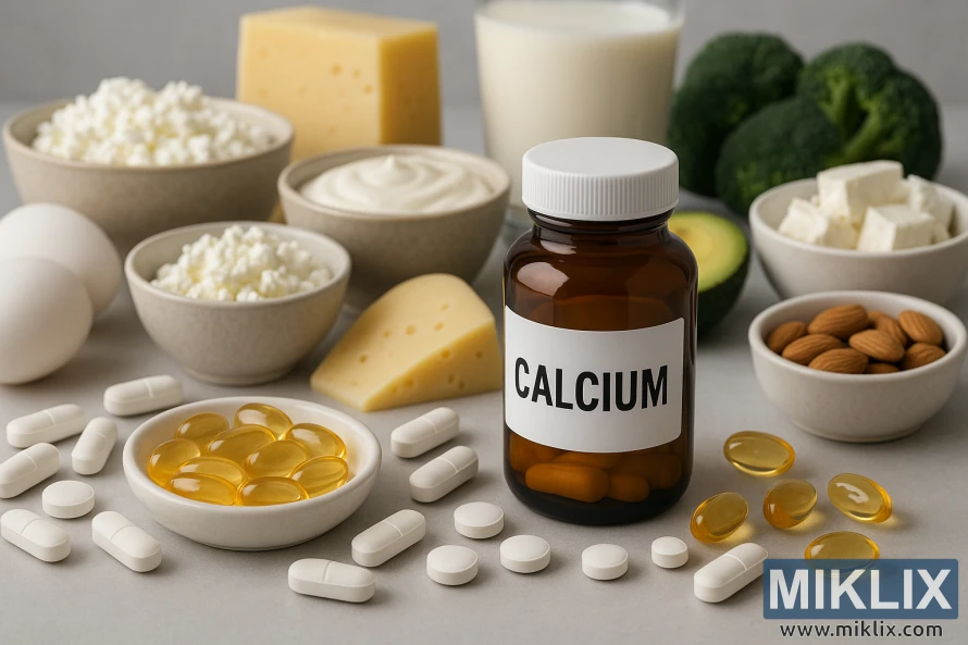 Calcium supplements alongside calcium-rich foods, arranged neatly on a soft gray surface. At the center is a dark amber bottle labeled “CALCIUM,” surrounded by white calcium tablets and golden softgels. Various dairy products including milk, cheese, cottage cheese, and yogurt are displayed, along with nutrient-dense foods like eggs, broccoli, almonds, and avocado. The soft, natural lighting enhances the creamy textures and fresh, vibrant colors, emphasizing calcium’s role in supporting bone health.