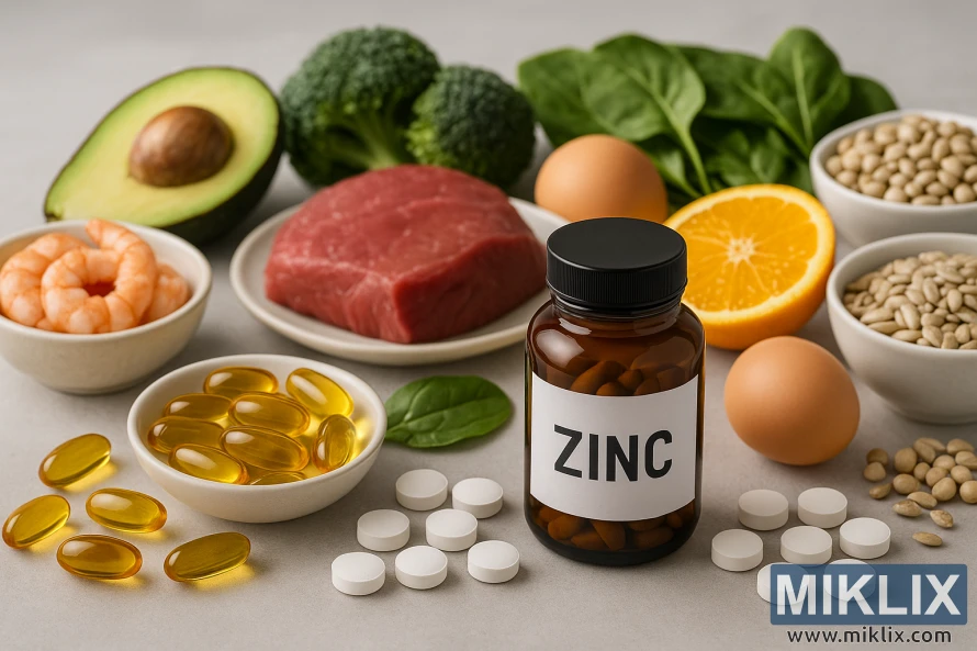 Zinc supplements and zinc-rich foods arranged on a light gray surface. A dark amber bottle labeled “ZINC” stands at the center, surrounded by white tablets and golden softgels. Surrounding it are vibrant zinc-packed foods, including shrimp, red meat, avocado, broccoli, spinach, eggs, sunflower seeds, chickpeas, and an orange half. The soft, natural lighting enhances the textures and fresh colors of the ingredients, emphasizing zinc’s importance for immune support and overall health.