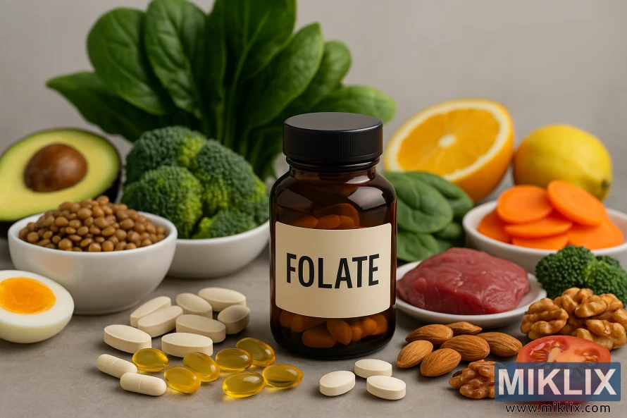 Folate supplements and folate-rich foods, artfully arranged on a soft gray surface. A dark amber bottle labeled “FOLATE” stands at the center, surrounded by oval tablets, white capsules, and golden softgels. Around it, an array of nutrient-rich foods is displayed, including spinach, broccoli, avocado, carrots, lentils, oranges, lemons, eggs, tomatoes, walnuts, almonds, and lean meat. Soft, natural lighting highlights the vibrant colors and textures, emphasizing folate’s role in supporting cellular health.