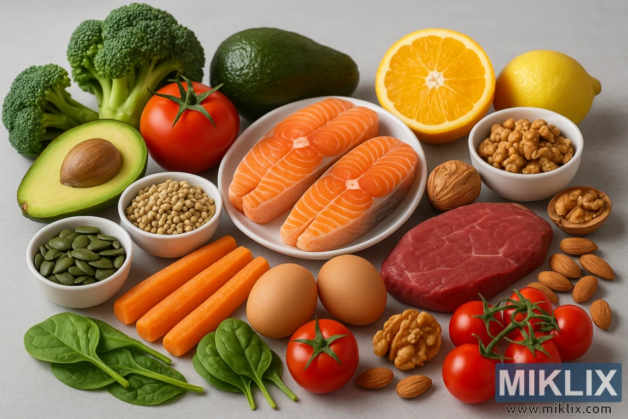 A vibrant assortment of nutrient-rich whole foods, beautifully arranged on a soft gray surface. The scene includes fresh salmon fillets, lean beef, eggs, avocados, carrots, tomatoes, spinach, broccoli, and citrus fruits like orange and lemon. Also featured are nuts such as walnuts and almonds, as well as seeds and legumes. The soft, natural lighting highlights the vivid colors and rich textures of the foods, emphasizing their role as wholesome, natural alternatives to dietary supplements for overall health.