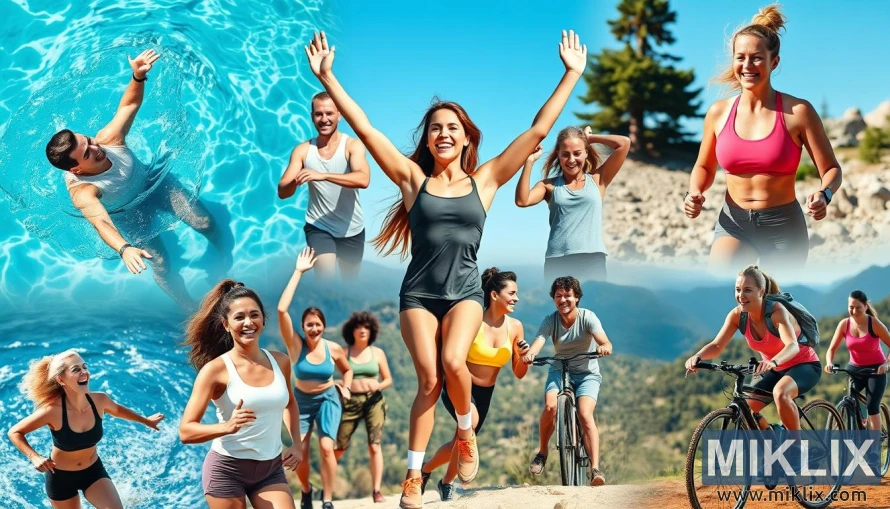A vibrant collage showcasing people engaging in various outdoor fitness activities. In the top left, a man swims energetically in a bright blue pool. The center features a joyful woman running with arms raised, surrounded by others jogging and exercising on a sunny mountain trail. On the right, a woman in a pink sports bra runs, while below her, two women ride bicycles along a scenic path with mountains in the background. The image radiates energy, health, and the joy of staying active outdoors.