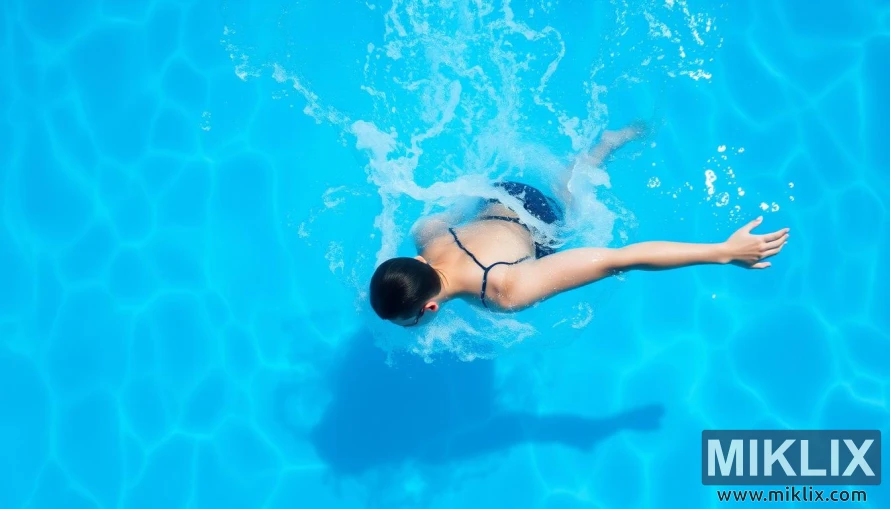 A person swimming in a bright, clear blue pool. Captured from above, the swimmer, wearing a dark swimsuit, is seen in mid-stroke, with one arm extended gracefully forward and the other trailing back in the water. Ripples and splashes surround them, creating dynamic movement in the scene. The sunlight reflects off the water’s surface, creating a shimmering, mosaic-like pattern throughout the pool. The overall mood is refreshing and energetic, emphasizing the fluid motion of swimming and the inviting clarity of the water.