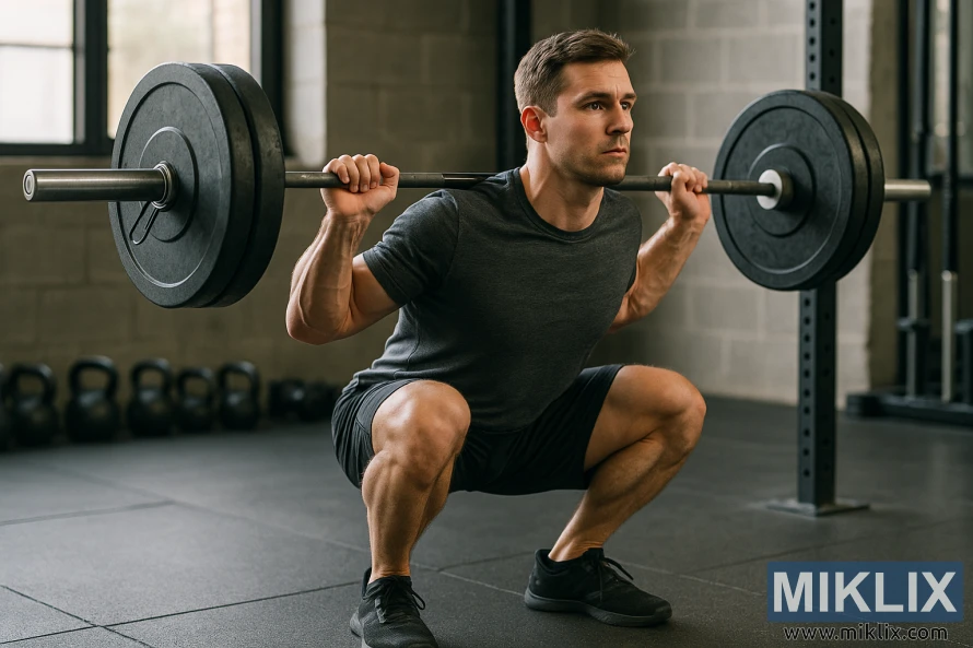 A focused, athletic man in the midst of a barbell squat inside a modern gym. He is wearing a fitted dark gray t-shirt, black athletic shorts, and black training shoes. His muscular build is emphasized as he holds a loaded barbell securely across his upper back, maintaining excellent squat form with thighs parallel to the ground and a straight back. The gym features a squat rack, rubber flooring, and several kettlebells lined up in the background. Soft natural light from nearby windows illuminates the space, casting defined shadows and highlighting the man’s concentration and proper lifting technique.