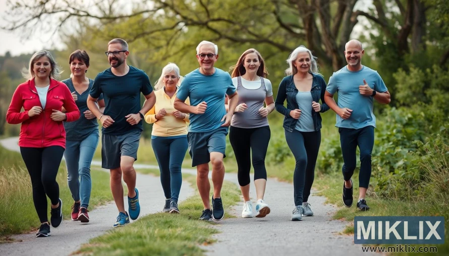 A group of eight people jogging together along a paved path surrounded by greenery. The group consists of both men and women of various ages, many appearing to be middle-aged or older. They are all dressed in casual athletic wear, including T-shirts, leggings, and running shoes, with some wearing jackets. The mood is cheerful and relaxed as they smile and jog side by side under the shade of trees, enjoying the outdoor setting. The scene captures a sense of community, fitness, and well-being in a natural park-like environment.