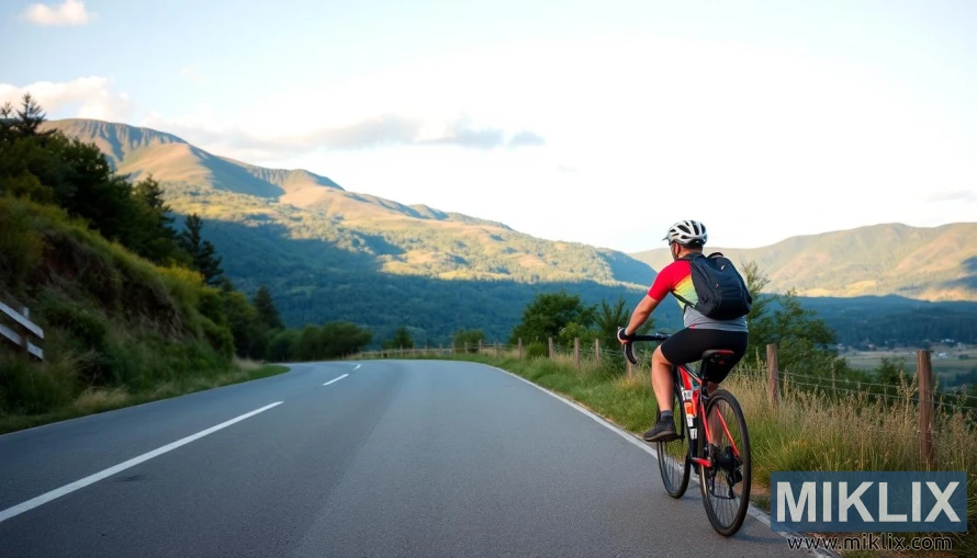 A cyclist riding along a scenic, winding mountain road. The cyclist, dressed in a red and gray cycling outfit, helmet, and backpack, is pedaling uphill on a sleek road bike. The surrounding landscape features lush green forests and expansive mountains bathed in soft sunlight, creating a serene atmosphere. The road is smooth and bordered by grass and wooden posts, with gentle curves leading toward the distant hills. The sky is partly cloudy, adding to the peaceful and invigorating mood of an outdoor adventure in nature.