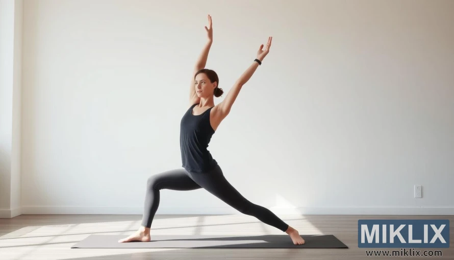 A woman practicing yoga indoors on a black yoga mat. She is performing a high lunge pose, also known as Warrior I (Virabhadrasana I), with her front knee bent and back leg extended straight behind her. Her arms are raised overhead with palms facing each other, and her gaze is directed forward. She is wearing a black tank top and black leggings, blending with the minimalistic, serene setting that features light wooden floors and plain white walls. Soft natural light enters the room, creating a calm and focused atmosphere.
