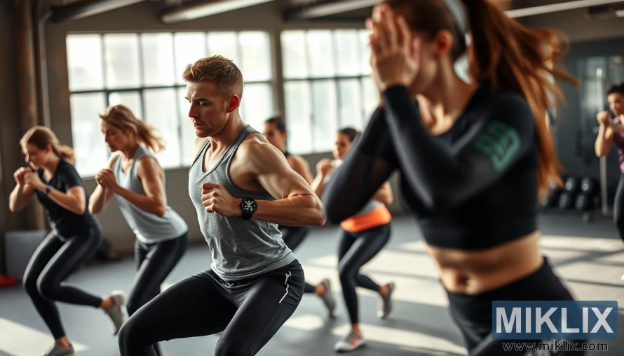 A group of people engaged in a high-intensity interval training (HIIT) workout inside a gym. They are performing dynamic exercises, appearing focused and determined. In the foreground, a man in a sleeveless athletic shirt and a fitness watch leads the movement, showing strong, defined muscles. Around him, others, both men and women, are energetically participating, dressed in athletic gear. The gym has large windows letting in natural light, creating a bright and motivating atmosphere filled with energy and intensity.