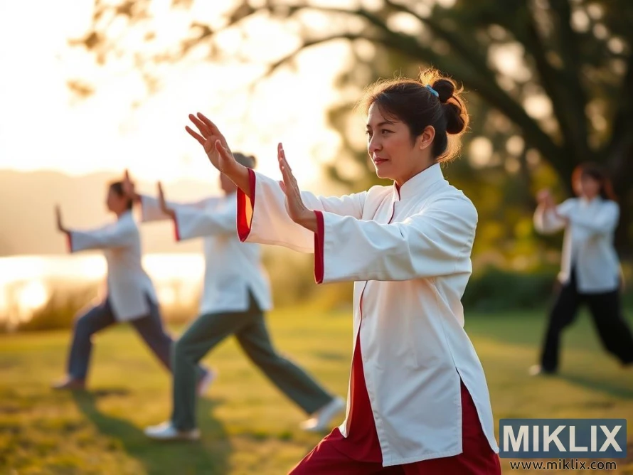 A group of people practicing Tai Chi outdoors in a serene, natural setting during what appears to be either sunrise or sunset. The participants, dressed in traditional white Tai Chi uniforms with red accents, move gracefully in unison, performing slow, deliberate motions. The focus is on a young woman in the foreground, who maintains a calm and concentrated expression as she extends her arms in a flowing pose. The background shows trees and soft sunlight, creating a peaceful and harmonious atmosphere ideal for this meditative exercise.