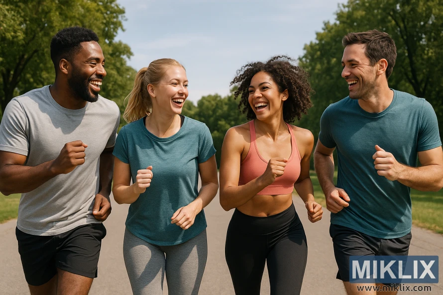 Four friends jogging together outdoors on a bright, sunny day. They are laughing and enjoying each other's company as they run side by side on a paved park path lined with green trees and grass. Each person wears casual athletic attire in vibrant colors—shorts, leggings, t-shirts, and a sports bra. The group’s diverse appearance, including different skin tones and hairstyles, adds to the lively and cheerful vibe. Their smiles and relaxed body language convey a sense of camaraderie, health, and fun as they engage in fitness activities in a natural setting.
