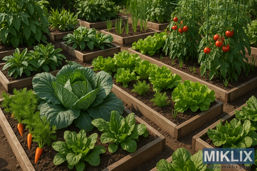 A vibrant, thriving home vegetable garden in bright daylight. Multiple wooden raised garden beds are neatly arranged in rows, filled with rich, dark soil. Each bed overflows with lush, healthy vegetables such as cabbage, lettuce, spinach, carrots, tomatoes, and herbs. The tomato plants are supported by green metal cages and bear ripe, red fruit. The leaves of the plants are vivid green and appear fresh and well-tended. Sunlight bathes the entire garden, casting soft shadows, while the background gently blurs, drawing focus to the abundance of produce in the foreground.