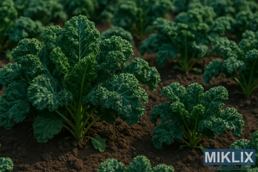 A beautifully detailed garden scene featuring fresh kale plants growing in dark, fertile soil. The kale leaves are a deep, rich green with distinct curly edges and crinkled textures, indicating their health and vitality. The plants are arranged in neat rows, with ample space between them, creating an orderly pattern throughout the garden. Soft, natural sunlight illuminates the leaves, accentuating their intricate curls and varied shades of green. Shadows subtly play across the soil, adding depth and enhancing the hyper-realistic appearance of this lush, thriving garden.