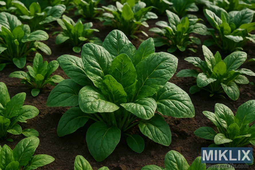 A lush garden filled with healthy spinach plants, arranged in orderly rows across rich, dark soil. The spinach leaves are broad, vibrant, and deep green, with distinct veins and a slightly glossy surface, indicating their freshness. Each plant appears robust and thriving, at various stages of growth, creating a sense of natural variety within the uniform planting pattern. The sunlight casts soft, natural highlights on the leaves, enhancing their vivid color and texture, while subtle shadows add depth and realism to the overall scene.