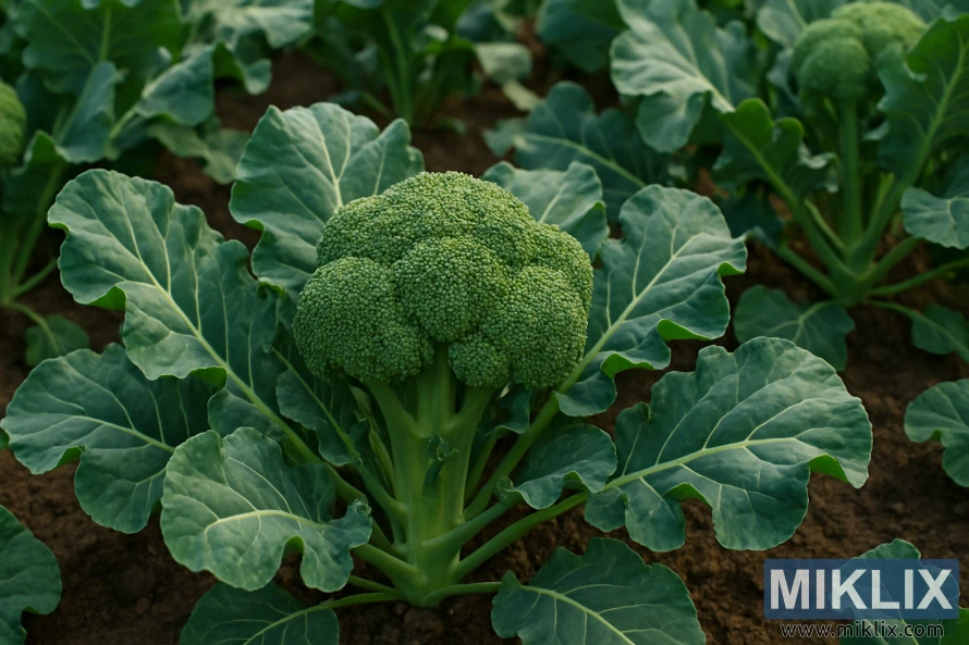 A lush garden filled with thriving broccoli plants, each rooted in dark, fertile soil. In the foreground, a prominent broccoli plant showcases a tightly packed, dome-shaped green head surrounded by large, broad leaves with prominent pale veins and slightly crinkled edges. The detailed texture of the broccoli head is clearly visible, with its tiny buds forming dense clusters. In the background, more broccoli plants stretch into the distance, creating a harmonious pattern. Soft, natural light highlights the rich green hues and enhances the garden’s vibrant, hyper-realistic appearance.