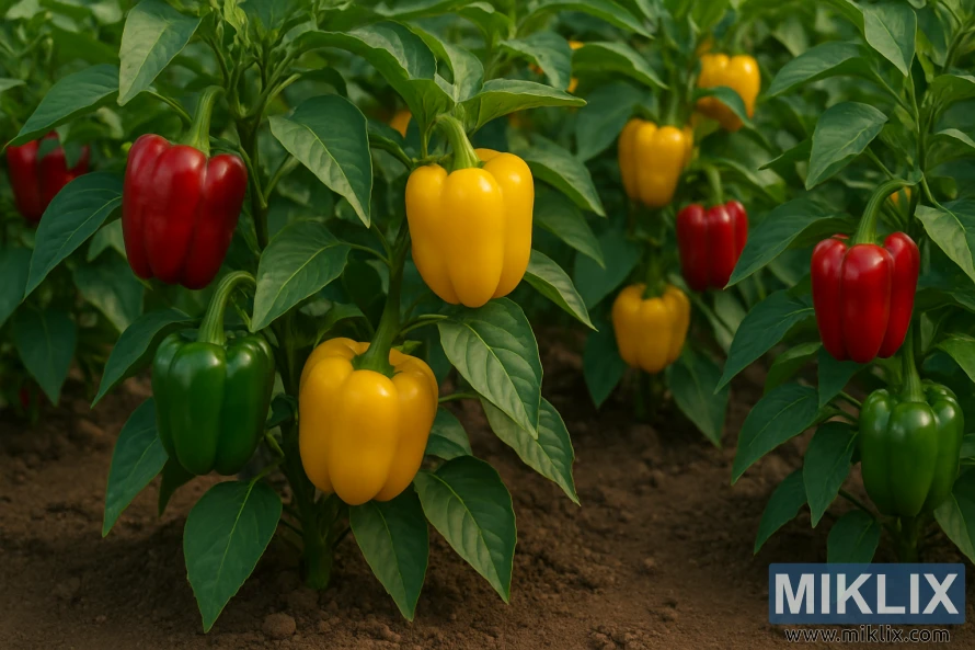 A vibrant garden filled with colorful bell pepper plants thriving in rich, brown soil. The peppers display a striking array of hues—bright red, vivid yellow, and deep green—hanging heavily from sturdy green stems. The glossy skin of the peppers gleams under soft, natural sunlight, which casts gentle highlights on their smooth surfaces. The lush green leaves surrounding the peppers add depth and texture, creating a rich contrast against the colorful fruits. The garden scene is arranged in neat rows, emphasizing the orderly growth and healthy abundance of the bell pepper plants.