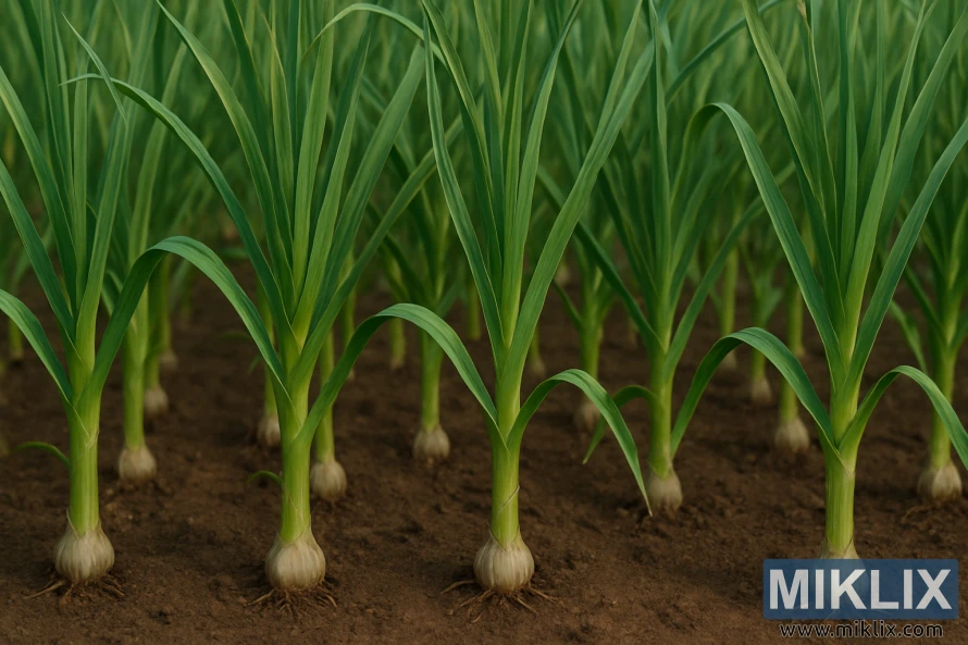A meticulously detailed garden filled with flourishing garlic plants growing in rich, dark soil. Each plant has tall, vibrant green stalks that rise upright with graceful curves, showcasing their healthy growth. The slender leaves extend outward with soft, natural bends, adding a sense of motion and texture. At the base of the stalks, pale, rounded garlic bulbs are partially exposed, hinting at their development beneath the soil. The garden is arranged in orderly rows, and soft, natural daylight illuminates the scene, enhancing the vivid green hues and earthy tones for a striking effect.