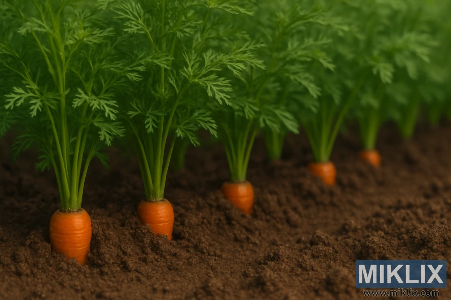A garden scene with rows of carrot plants growing in rich, dark brown soil. Only the upper portion of the bright orange carrot roots is slightly visible at the surface, while most of the roots remain buried underground, reflecting natural growth. The plants are topped with lush, feathery green foliage that arches gracefully outward, forming a dense canopy. The soft, diffused daylight highlights the vibrant green leaves and subtle orange tones of the exposed carrot tops. The image captures the natural texture of the soil and foliage, evoking a fresh, organic garden atmosphere.