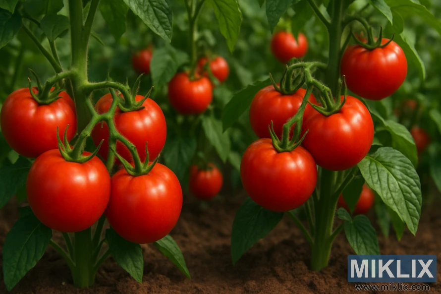 A lush garden filled with ripe red tomatoes growing on healthy green vines. Clusters of smooth, glossy tomatoes hang heavily from thick stems, their vibrant red color contrasting beautifully against the deep green leaves surrounding them. The tomatoes appear plump and ready for harvest, reflecting soft natural sunlight that highlights their rich texture and sheen. In the background, additional tomato plants create a dense, leafy setting, slightly blurred to emphasize the foreground. The scene captures the abundance and freshness of a flourishing garden.