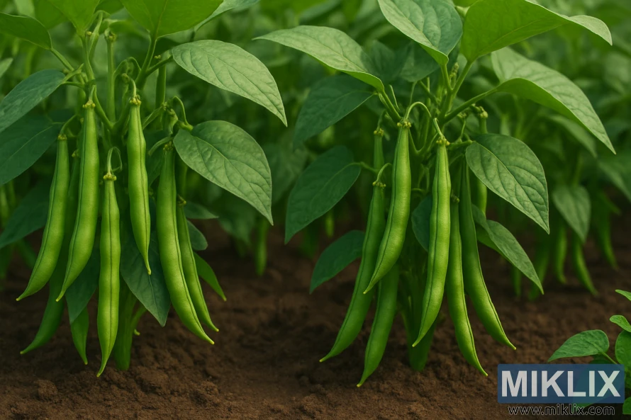 A lush garden filled with thriving green bean plants growing in rich, dark soil. The plants display an abundance of slender, vibrant green pods hanging gracefully from sturdy stems. The pods vary slightly in size and curve naturally, some stretching to their full length while others are still maturing. The foliage is dense, with broad, deep green leaves forming a lush canopy around the bean clusters. Soft, natural sunlight filters through the leaves, casting gentle highlights and shadows that enhance the realistic texture and depth of the scene, evoking a fresh, thriving garden environment.
