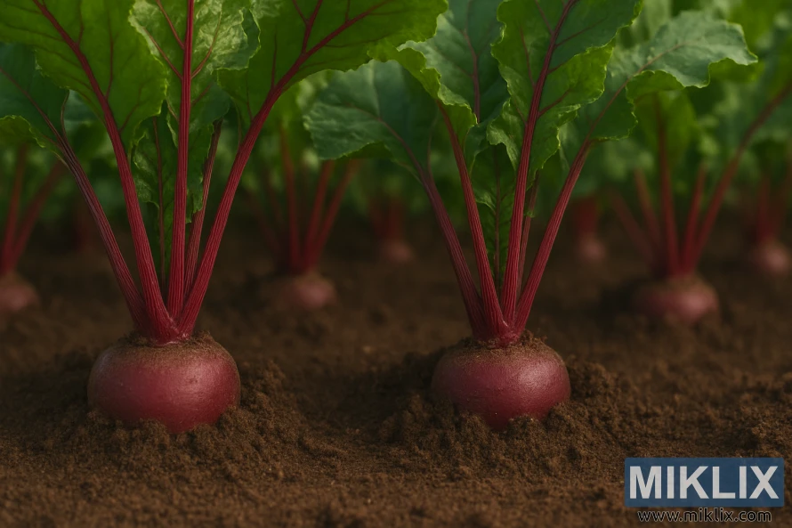 A garden scene with rows of beetroot plants growing in rich, dark brown soil. The vibrant green leaves, with distinct red veins and sturdy red stems, rise above the ground, creating a dense, leafy canopy. Only the very top portion of the deep red beetroot crowns is slightly visible at the soil line, showing a natural and authentic depiction of how beets grow. The roots remain mostly hidden underground, with just a subtle curve of their rounded tops peeking through the soil. Soft, natural sunlight enhances the vivid green foliage and earthy tones, giving the scene a fresh, thriving look.