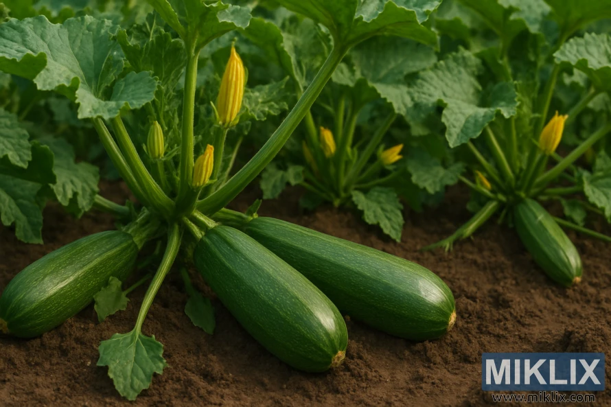 A vibrant garden scene with healthy zucchini plants growing in rich, dark soil. Large, broad green leaves with slightly serrated edges spread outward, creating a dense canopy. Bright yellow blossoms are scattered among the foliage, adding bursts of color. In the foreground, several green zucchinis lie partially on the soil, attached to thick, sturdy stems. The zucchinis are plump and glossy, with subtle speckled patterns along their smooth skin. Soft, natural daylight highlights the textures of the leaves, flowers, and fruits, creating a lush, thriving garden atmosphere.