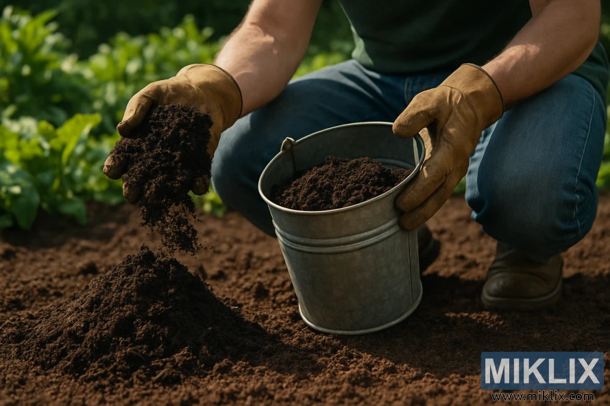 A gardener kneeling in a vibrant garden, adding compost to the soil. The gardener is wearing brown gloves and denim jeans, with their arms visible as they carefully scoop rich, dark compost from a weathered metal bucket onto the soil. The compost appears moist and finely textured, contrasting with the freshly tilled earth. In the background, blurred green plants suggest a lush, thriving garden. The natural sunlight casts soft shadows, highlighting the earthy tones and creating a warm, realistic atmosphere that emphasizes the care and detail of this gardening task.