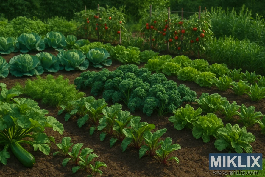A stunning, thriving vegetable garden filled with a diverse variety of healthy, vibrant crops. Neatly arranged rows display lush green cabbage heads, curly kale, crisp lettuce, beets with deep green leaves and red stems, zucchini with large leaves and visible fruits, and bushy carrot tops. In the background, tall tomato plants, heavy with ripe red tomatoes, are supported by wooden stakes. The rich, dark soil contrasts beautifully with the bright foliage, while soft, natural sunlight enhances the garden’s lush, flourishing appearance, evoking abundance and vitality.