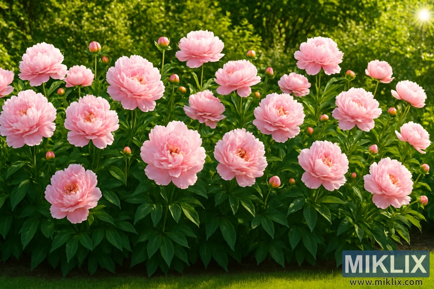 A vibrant garden border filled with lush pink peony flowers in full bloom, basking in bright, golden sunlight. The soft, layered petals of the peonies glow warmly under the clear sun, creating an inviting and cheerful atmosphere. Various shades of pink—from blush to deep rose—add visual depth, while the dark green foliage offers a striking contrast. The background features a dense screen of leafy green shrubs, and the neatly mown lawn below enhances the structured yet natural beauty of the scene. The sunlight casts soft shadows, emphasizing the flowers’ delicate texture.