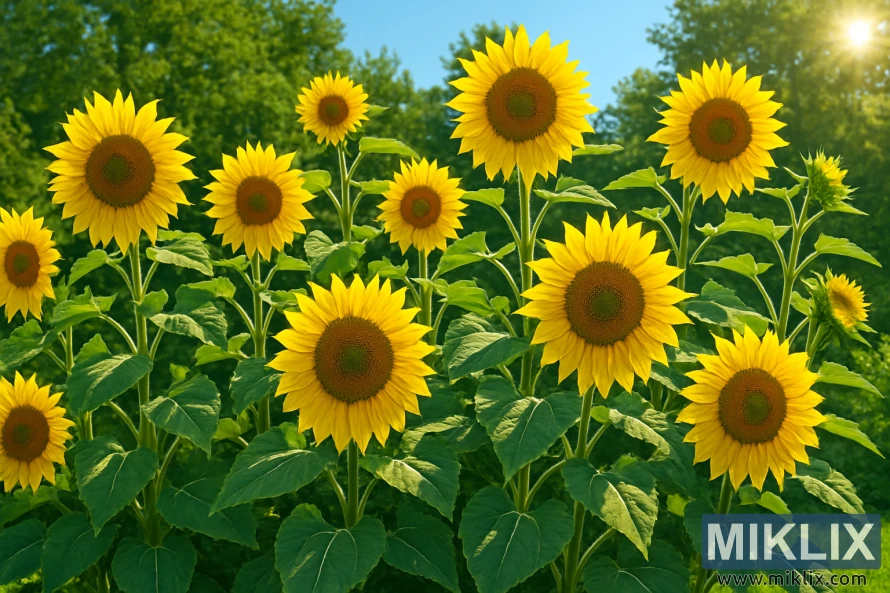 A stunning garden scene filled with tall, bright yellow sunflowers basking under a clear blue sky on a sunny day. The sunflowers stand proudly, their vibrant petals radiating outward from rich brown centers, surrounded by large, lush green leaves. The flowers vary slightly in height, creating a natural, layered look against a backdrop of dense green foliage and trees. Sunlight pours into the scene from the upper right corner, casting a warm glow across the garden, with soft shadows and a gentle lens flare enhancing the cheerful, summery atmosphere.