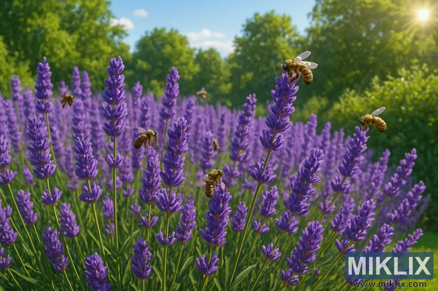A breathtaking garden scene filled with vibrant purple lavender plants in full bloom, basking under bright sunlight. The tall, slender lavender stalks are covered in clusters of fragrant purple flowers, forming a dense, stunning display that stretches into the distance. Bees are captured mid-flight and perched on blossoms, actively pollinating among the blooms, adding movement and life to the scene. The background features lush green trees under a clear blue sky, with sunlight streaming in from the upper right, casting a golden glow and soft shadows throughout the garden.