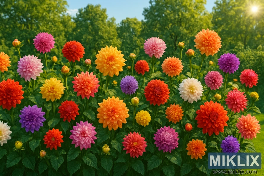 A dazzling garden scene brimming with colorful dahlia flowers in full bloom under bright sunlight. The dahlias display a vibrant array of colors including shades of red, orange, yellow, pink, purple, and white. Each flower varies in size and shape, with some featuring tightly packed petals and others more open and layered, creating visual richness and diversity. The flowers are set against lush green foliage, with sunlight streaming in from the top right, casting a warm glow and soft shadows throughout the scene. The overall atmosphere is lively, bright, and full of summer charm.