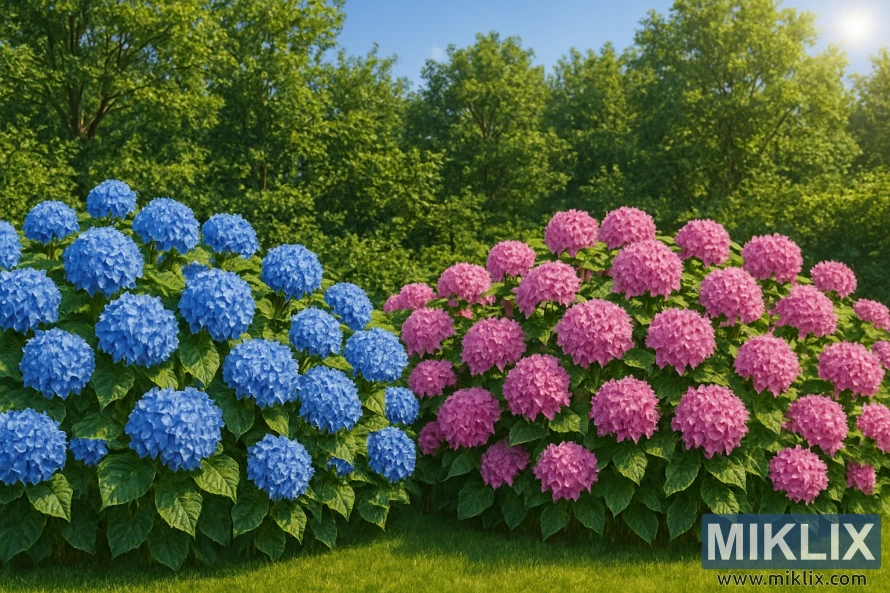 A stunning garden border filled with lush blue and pink hydrangea bushes in full bloom, glowing under bright, sunny skies. The hydrangea clusters display vibrant hues, with the blue blossoms on the left and pink ones on the right, creating a beautiful gradient of color. Each bush is dense with rounded flower heads and rich green foliage. Sunlight bathes the scene from the upper right, casting a warm, golden glow over the garden and creating soft shadows on the neatly trimmed green lawn. In the background, tall leafy trees complete the serene, vibrant summer setting.