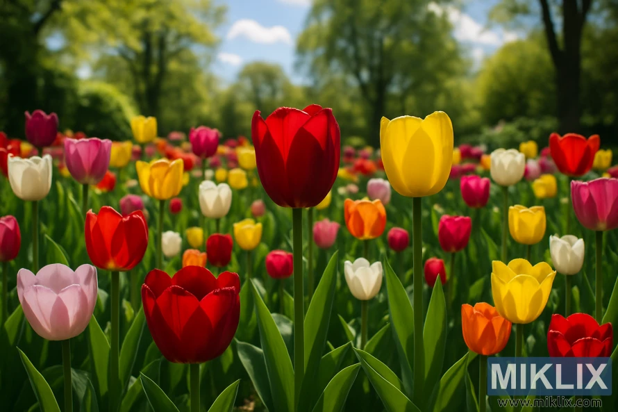 A stunning spring garden filled with vibrant tulips in full bloom under a bright, sunny sky. A variety of tulip colors, including vivid reds, soft pinks, sunny yellows, creamy whites, and bold oranges, create a lively and cheerful atmosphere. The flowers are arranged densely, covering the lush green landscape, with a few taller tulips standing prominently in the foreground. In the background, soft-focus trees with fresh green foliage and patches of blue sky dotted with fluffy white clouds complete the idyllic, serene scene.