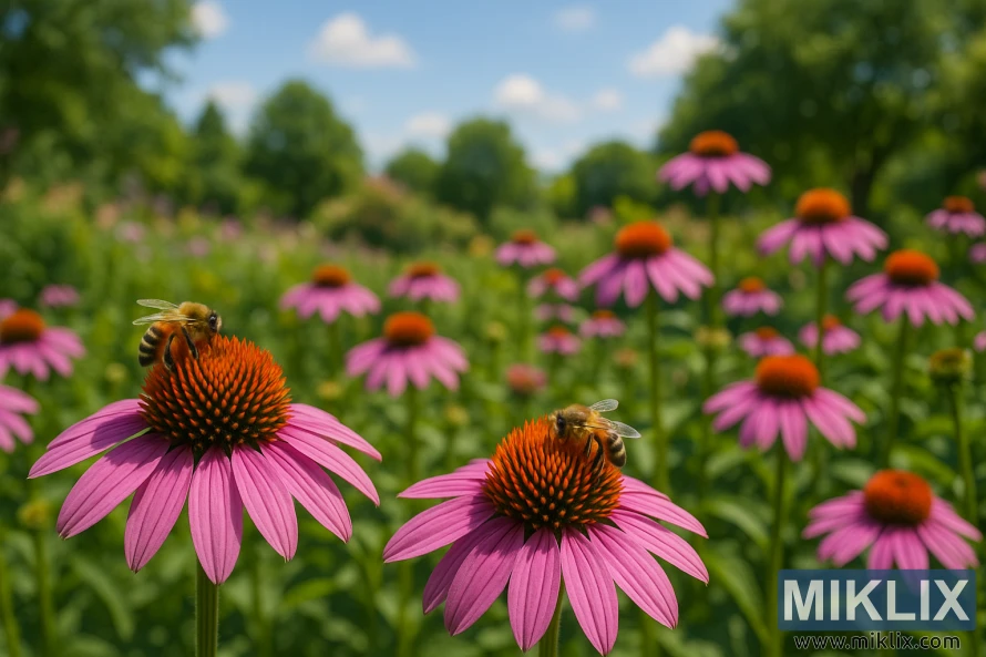 A vivid summer garden filled with blooming purple coneflowers (Echinacea purpurea). In the foreground, two honeybees are perched on the vibrant orange-brown cones of the flowers, collecting nectar. The petals of the coneflowers are a rich magenta hue, gracefully arching downward. Behind them, a lush field of additional coneflowers stretches into the distance, softened by a bokeh effect. The garden is bathed in warm sunlight under a bright blue sky dotted with soft white clouds, with green trees framing the serene, colorful landscape.