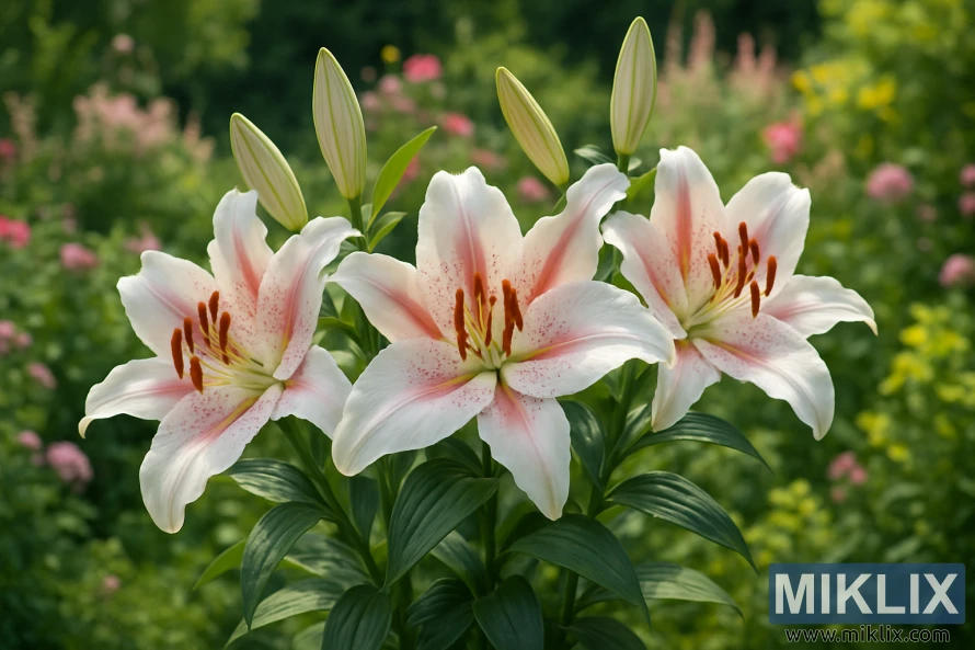 A stunning cluster of Oriental lilies in full bloom within a lush garden setting. Three large, trumpet-shaped flowers dominate the foreground, their creamy white petals blushing with soft pink streaks and speckled with delicate spots near the center. Each bloom is adorned with prominent, rust-orange stamens and slender pistils. Surrounding the flowers are rich, deep green leaves and unopened buds, adding texture and vibrancy. The background features a soft blur of foliage and scattered pink and yellow flowers, creating a dreamy, serene garden ambiance.