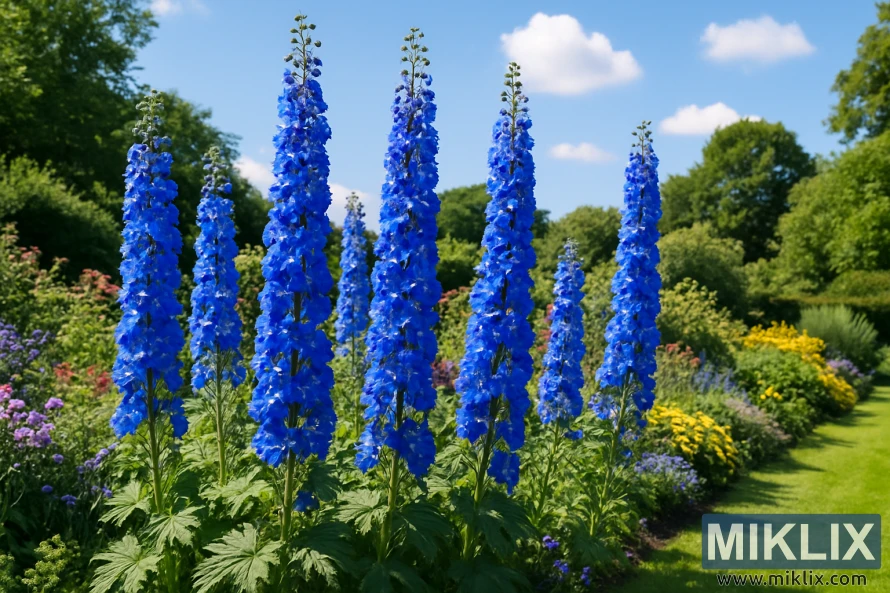 A vibrant summer garden scene with tall, striking blue delphinium spires as the focal point. These towering flower stalks, densely packed with vivid blue blossoms, rise elegantly above lush green foliage. The bright midday sun illuminates the garden, casting soft shadows and enhancing the rich colors. Behind the delphiniums, a border filled with an array of colorful flowering plants stretches into the distance, with purples, yellows, and pinks creating a harmonious mix. In the background, leafy trees and a clear blue sky dotted with fluffy white clouds complete this picturesque, serene landscape.