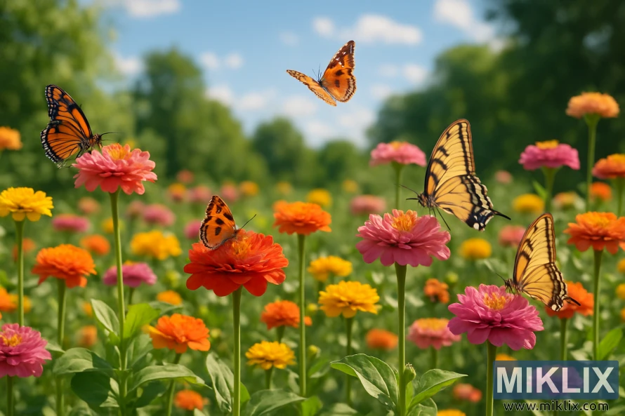 A stunning garden scene filled with vibrant zinnias in vivid shades of pink, orange, red, and yellow, all basking under bright summer sunlight. Several butterflies, including Monarchs, Small Tortoiseshells, and Eastern Tiger Swallowtails, flutter gracefully among the flowers, adding life and movement to the serene setting. The lush green foliage complements the colorful blooms, while the soft-focus background features trees under a clear blue sky with scattered white clouds, evoking a peaceful, warm summer atmosphere.