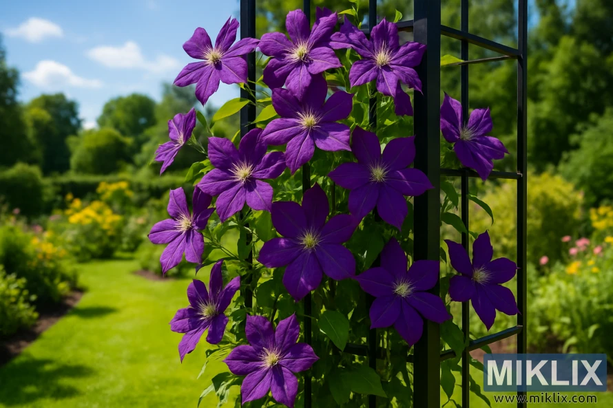A vibrant summer garden bathed in bright sunlight. In the foreground, a black metal trellis supports a lush purple clematis vine, covered in large, velvety blossoms with rich purple petals and delicate, light-colored centers. The flowers are in full bloom, their vivid hues contrasting against the fresh green leaves. Behind the trellis, a beautifully manicured lawn winds through colorful flower beds, with trees and shrubs adding layers of greenery. The scene conveys a sense of tranquility and natural beauty, with a soft blue sky overhead dotted with white clouds.